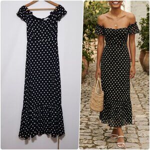 NWT Reformation Butterfly Off the Shoulder Polka Dot Midi Dress in Bettie Size 0